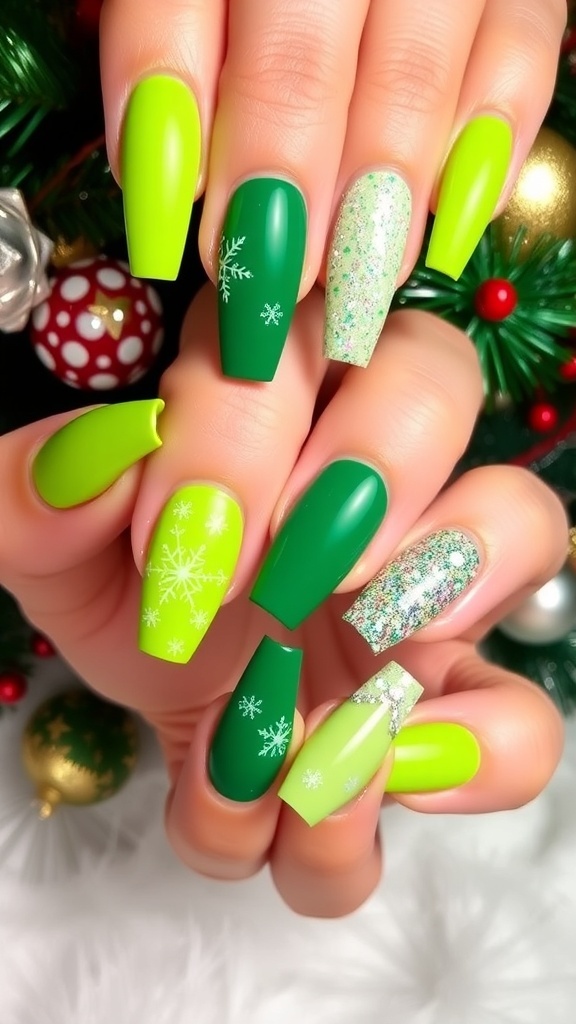 A set of festive green Christmas nails with snowflakes and glitter on a holiday-themed background.